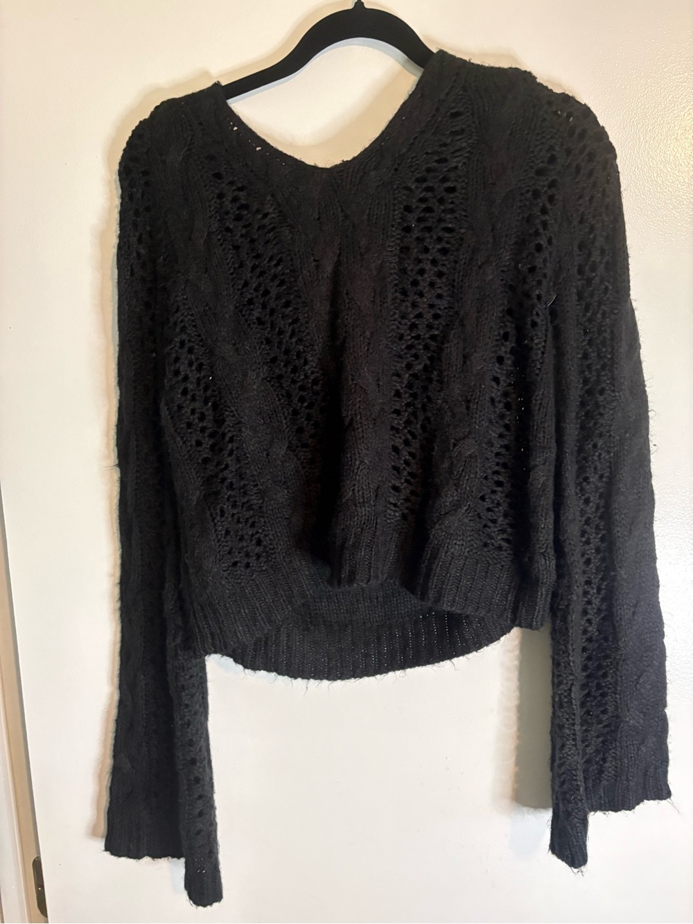 Leith Black Open-Knit Crewneck Sweater